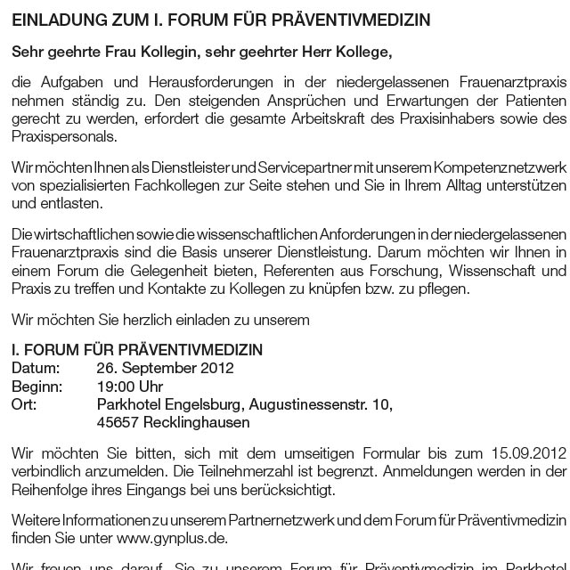 Einladungsflyer I. Forum für Präventivmedizin